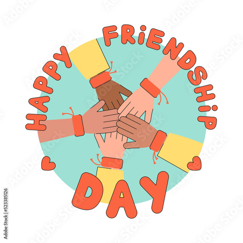 Friends holding hands in friendship bracelets. Happy friendship day greeting card design. DIY wristbands