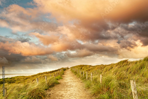 A beautiful sandy trail along the ocean. North Holland dune reserve, Egmond aan Zee, Netherlands.