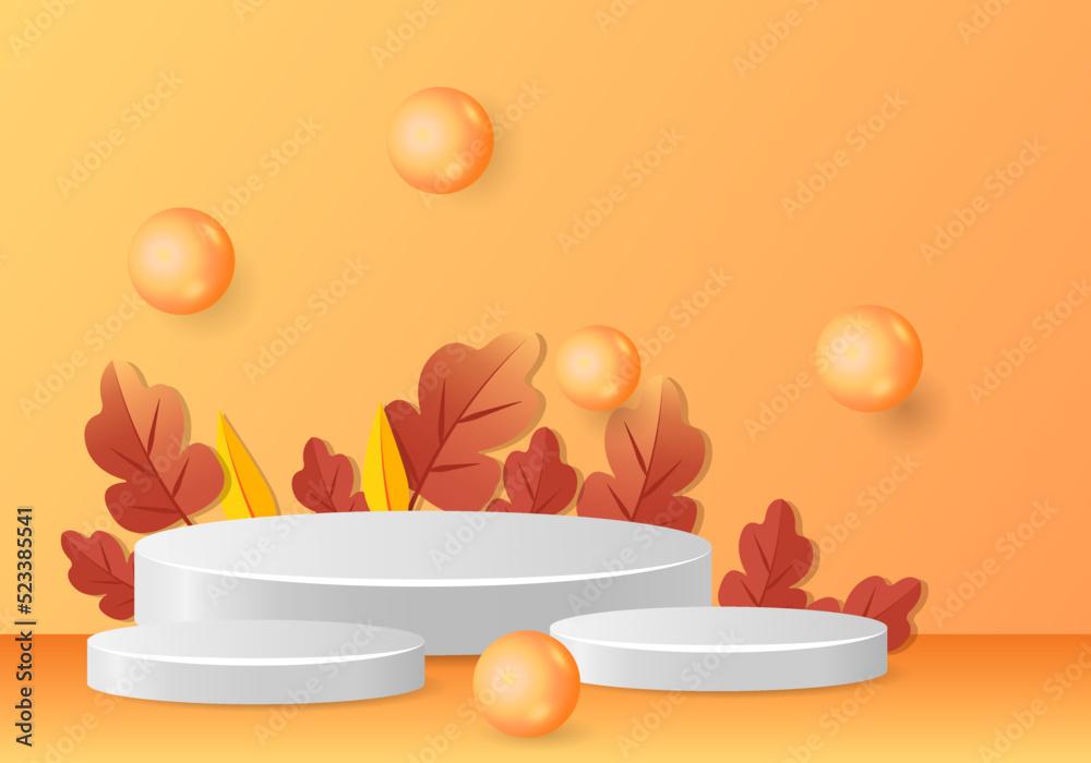 3d podium. Abstract minimal scene with autumn geometric forms. cylinder podium in orange background with autumn plant leaves. product presentation, mockup, show product, podium, stage pedestal or plat