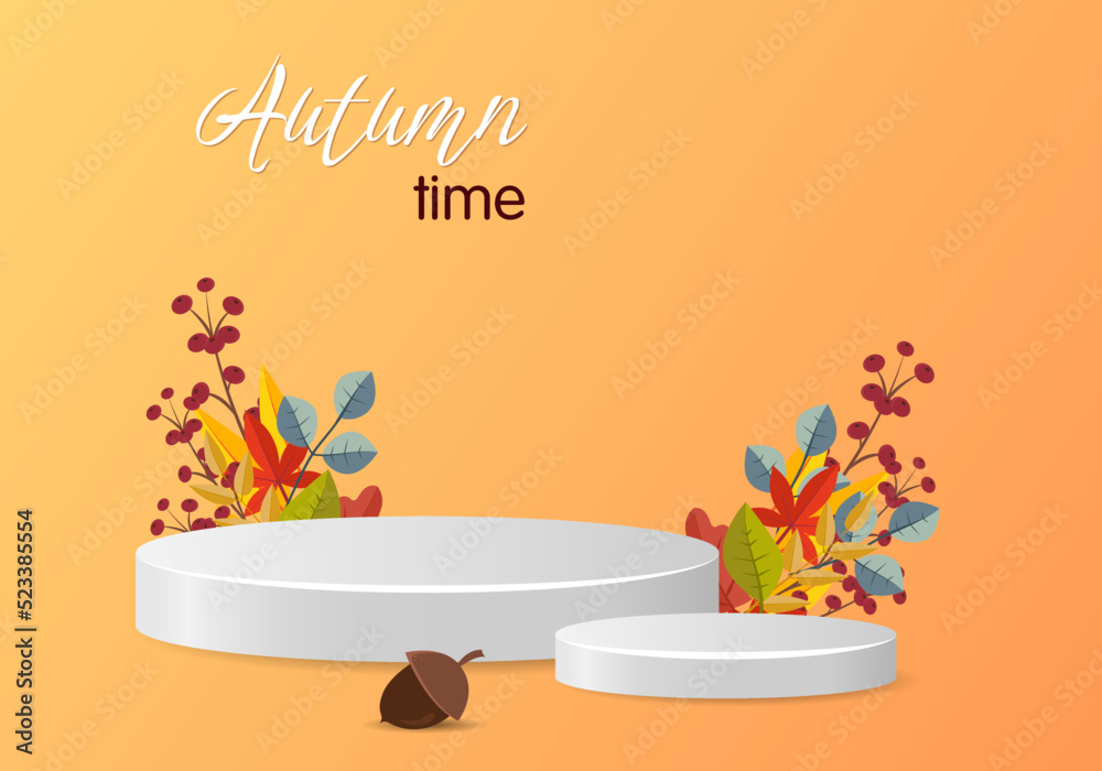 3d podium. Abstract minimal scene with autumn geometric forms. cylinder podium in orange background with autumn plant leaves. product presentation, mockup, show product, podium, stage pedestal or plat