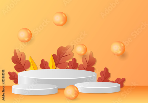 3d podium. Abstract minimal scene with autumn geometric forms. cylinder podium in orange background with autumn plant leaves. product presentation, mockup, show product, podium, stage pedestal or plat