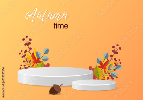 3d podium. Abstract minimal scene with autumn geometric forms. cylinder podium in orange background with autumn plant leaves. product presentation, mockup, show product, podium, stage pedestal or plat