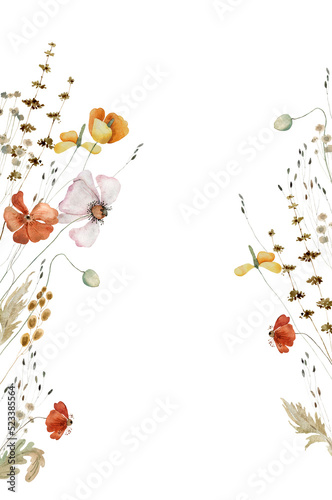 Wallpaper Mural Wildflowers, herbs boho border painted in watercolor. Dried pampas grass floral  bouquet, frame. Botanical boho elements isolated on white. Wedding invitation, greeting, card, print, scrapbooking Torontodigital.ca