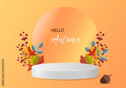 3d podium. Abstract minimal scene with autumn geometric forms. cylinder podium in orange background with autumn plant leaves. product presentation, mockup, show product, podium, stage pedestal or plat