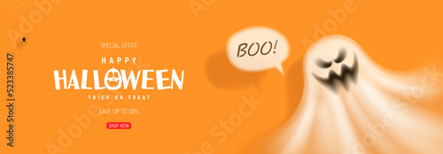 Horizontal banner for Halloween sale. Orange banner with 3d transparent ghost and spider on web. Vector illustration. Happy Halloween holiday banner.