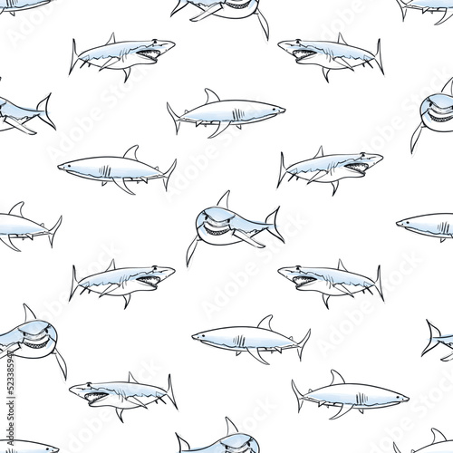 Vector shark sea animal wild hand drawn doodle silhouette seamless pattern. Sketch style