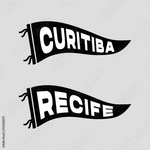 Brazilian city pennants of the Curitiba, Recife. Retro colors labels. Vintage hand drawn wanderlust style. Isolated on white background. Good for t shirt, mug, other identity. 
