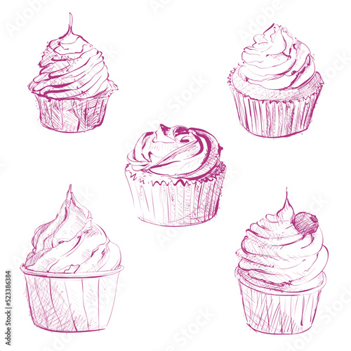 Cute cupcakes set isolated on White background. Vector illustration. cupcake vector sketch on a white background