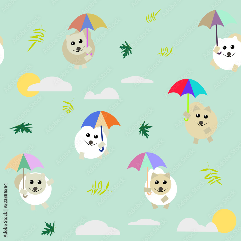 Naklejka premium a pattern without a background of pomeranian puppies flying on colorful umbrellas