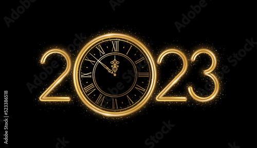 Gold Happy New Year 2023 logo with clock face and confetti glitter sparkles on black background. Vector illustration. Merry Christmas template minimal design for posters, flyers, brochures or voucher