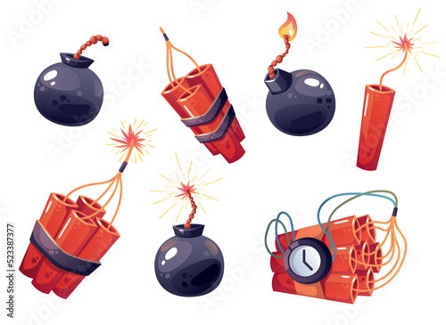 Dynamite bomb explosion tnt detonator fuse fireworks isolated set collection concept. Vector graphic design illustration
