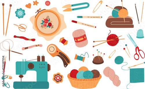 Knitting threads tools. Wool rolls, crochet and knit craft hobby. Handcrafted accessories, basket with yarn and embroidery. Handicraft classy vector set