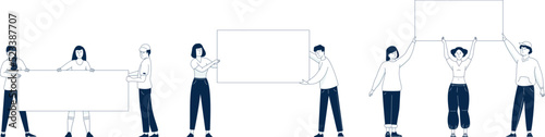 People group demonstration holding placards. Young activist movement, political or medical protest. Person on picket with blank banner recent vector set