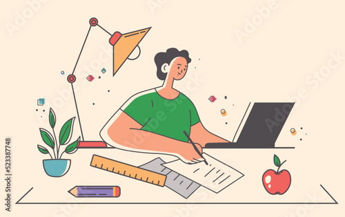 Home work education online study on office desk line art drawing abstract concept. Vector graphic design illustration