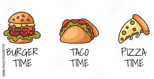 Fast food pizza taco burger sandwich line art hand drawn isolated set. Vector graphic design illustration
