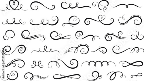 Calligraphic swirls dividers and outline swashes borders. Ornament filigree swirled lines hand design. Rustic flourish decorations racy vector set