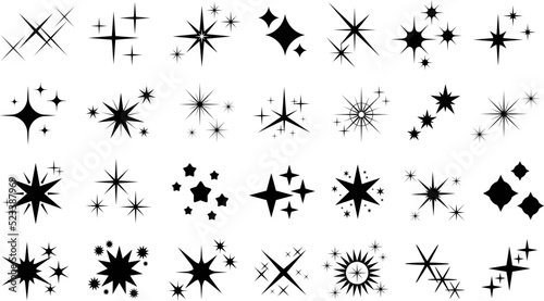 Shine stars icons, sparkling logo christmas celebrate. Black star sparks shapes, isolated glow shiny icons for party or festive cards racy vector set