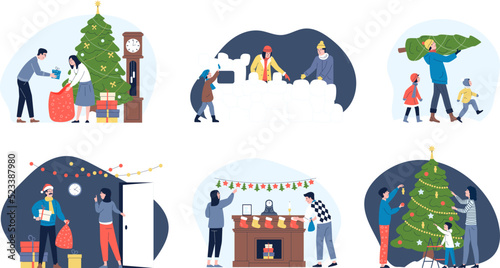 People prepare to holidays. Family christmas and new year party. Parents and children with fir tree and gifts. Person hold present box, winter holiday recent vector scenes