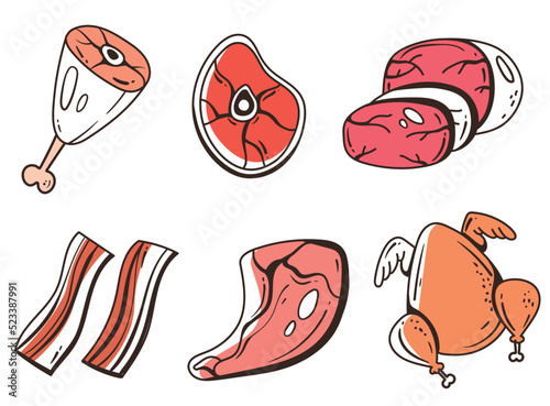 Meat line drawn doodle icon barbecue beef abstract isolated set. Vector graphic design illustration