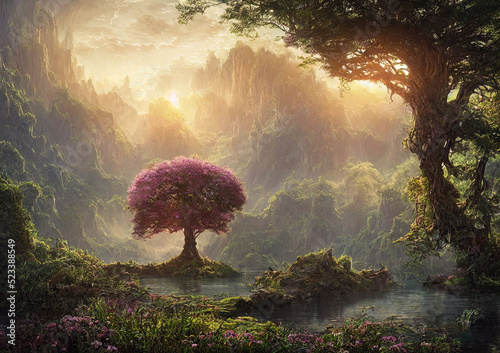 Beautiful fantasy land with lake and giant trees photo