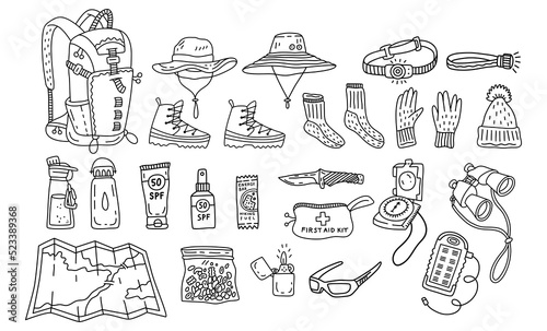 Big set of hiking or travel equipment: clothes, tools, snacks, gear. Collection for touristic landing page, web design, flyer, card, poster, banner. Hand-drawn doodle sketch style