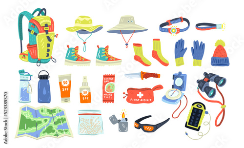 Big set of hiking or travel equipment: clothes, tools, snacks, gear. Collection for touristic landing page, web design, flyer, card, poster, banner. Flat cartoon hand-drawn style