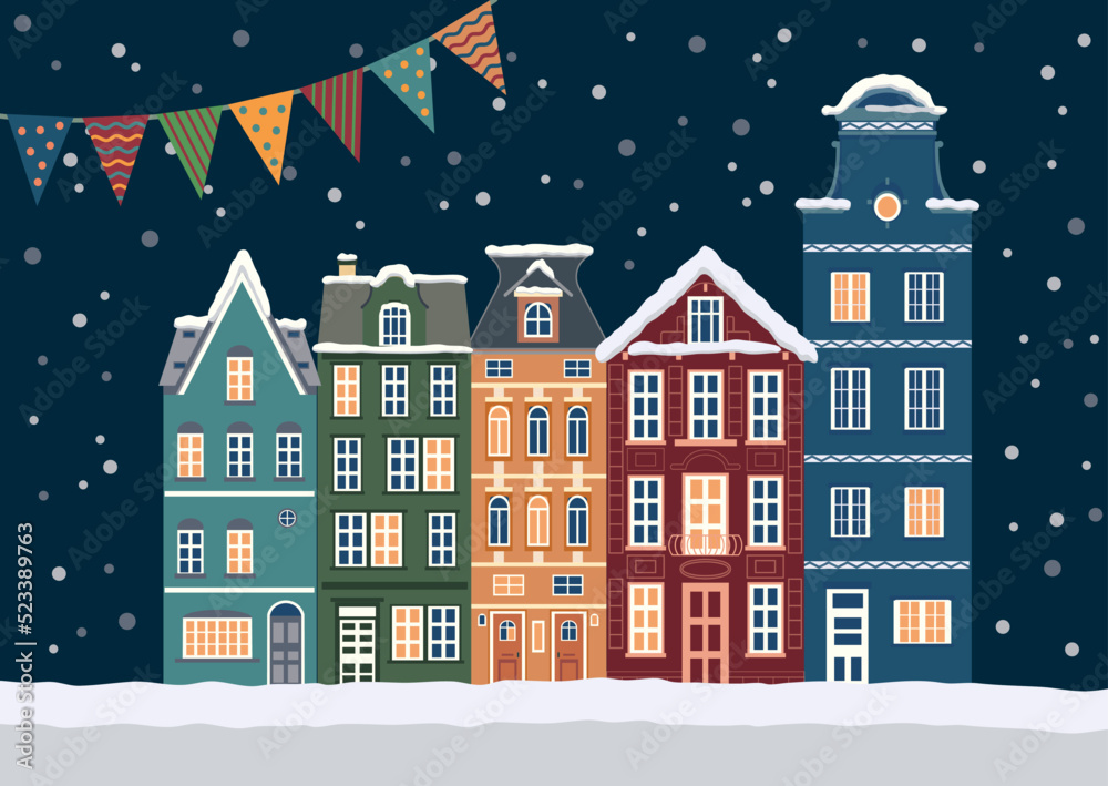 Christmas holiday card illustration with winter city view. Colored flat vector illustration. New Year conception.