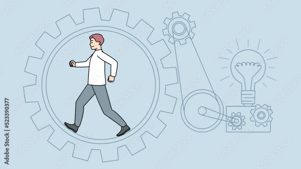 Motivated businessman running in cogwheel generate business idea. Confident male employee operate wheels looking for answers. Motion illustration. Motivated businessman running in cogwheel generate business idea. Confident male employee operate wheels looking for answers. Motion illustration.