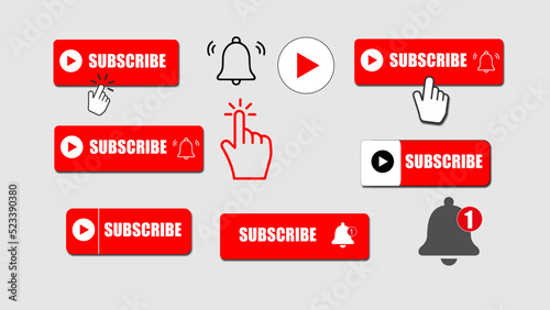 Subscribe buttons. Video channel interacting UI element with different design template, subscription logo design. Vector illustration online education subscriber and social media icon subscribing
