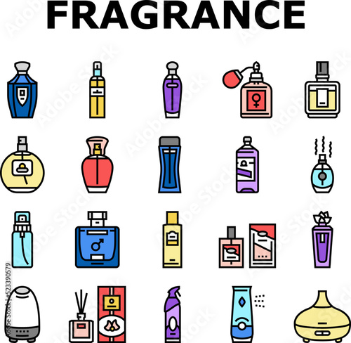 fragrance bottle perfume cosmetic icons set vector. glass product, luxury beauty spray, cologne scent perfumery, aroma package container fragrance bottle perfume cosmetic color line illustrations