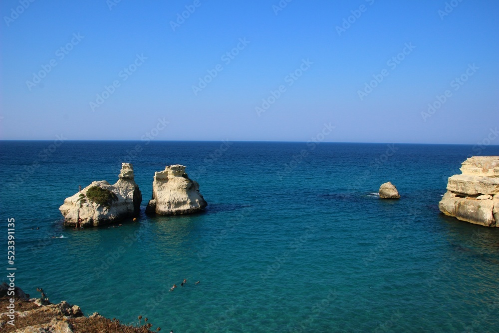 Italy, Puglia: View of Two Sisters, rocks in Salento.