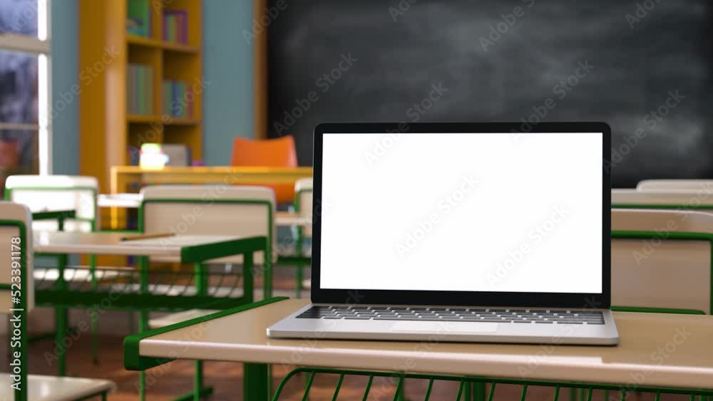 Modern laptop with white blank screen placed on desk against classroom at school. 3d animation Modern laptop with white blank screen placed on desk against classroom at school. 3d animation