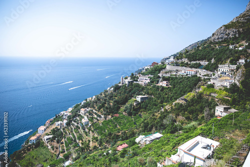 Coastal European Hillside with Houses and Vineyards