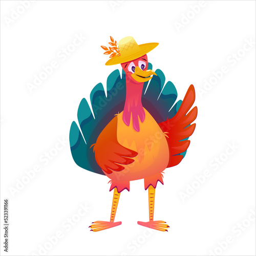 Cartoon turkey thanksgiving character vector illustration isolated. Funny bird with hat character. Autumn bird cute turkey