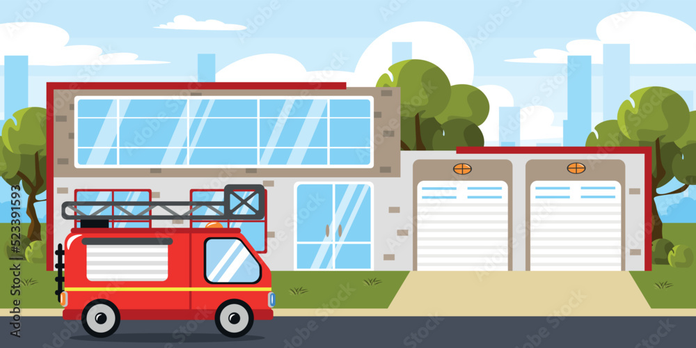 Vector illustration of a modern fire department. Cartoon urban buildings with parked fire engines, trees and a city in the background.