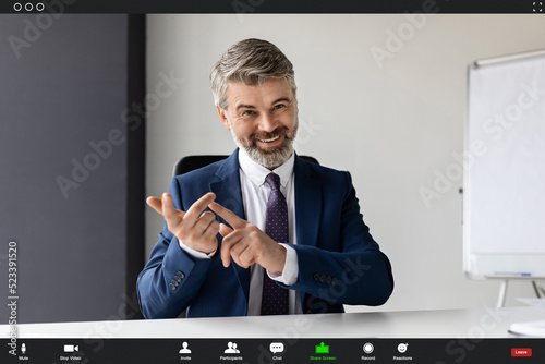 Online Consultancy. Pov Screenshot Of Handsome Middle Aged Businessman Making Video Call