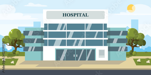 Vector illustration of modern hospitals. Cartoon urban buildings with flowers, trees and a city in the background.