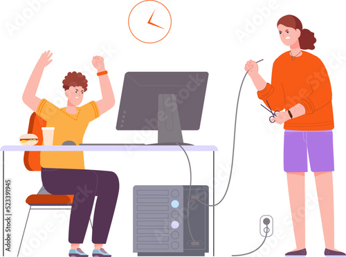 Trouble game addiction. Video game addiction adolescent, angry mom cuts computer wire, worried parent obsessive internet games child, teenage forbidden gaming vector illustration