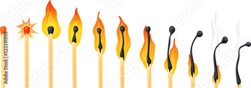 Burning match animation. Burn matches stages, burned flame matchstick row wood ignition flammable stick animated gif loading combustion blow fire, isolated neat vector illustration