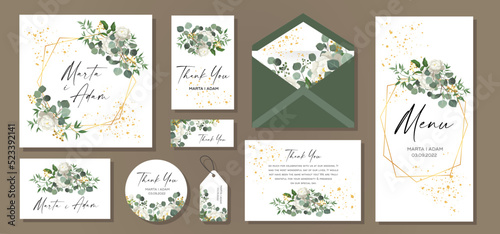 Wedding Invitation, menu, label, envelope. Floral design green watercolor eucalyptus leaves, foliage greenery decorative print. Vector elegant cute rustic.  © Nessa
