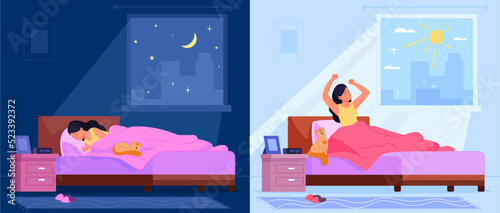 Sleep and wake up in bedroom. Lazy sleeping happy woman and waking early stretching morning at sunrise window, awake lady sitting mattress bed in home room, vector illustration photo