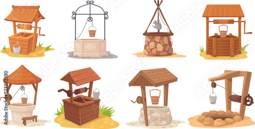 Cartoon water wells. Wood and stone old rural well in village garden, ancient medieval wishing draw-well rustic antique farm source fresh drink bucket on crank pulley neat vector photo