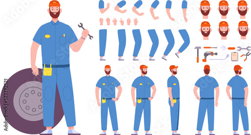 Auto mechanic character. Car repair worker animation cartoon technician figure poses kit, fixing vehicle installation wheel motor expert, set repairman splendid vector illustration