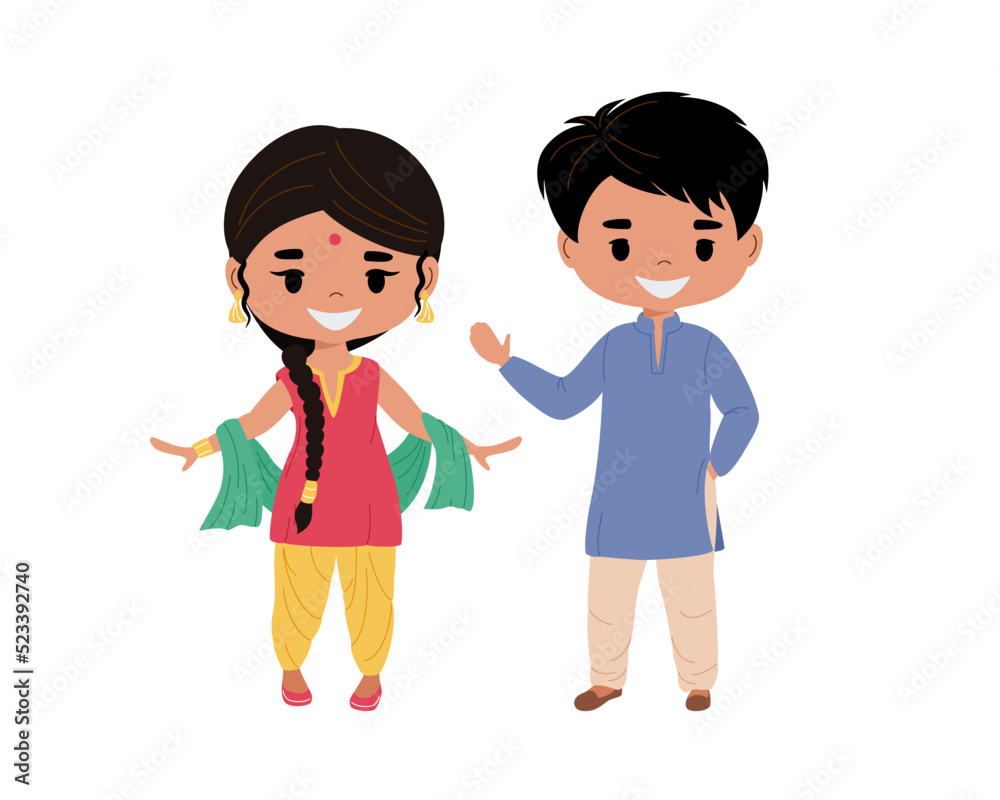 Indian boy and girl in national costumes. Flat vector illustration isolated on white background. Indian boy and girl in national costumes. Flat vector illustration isolated on white background.