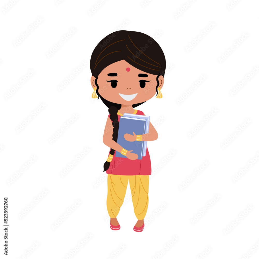 Indian girl in national dress holding books. The concept of education in India. Vector illustration isolated on white background. Indian girl in national dress holding books. The concept of education in India. Vector illustration isolated on white background.