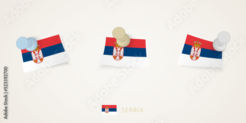 Pinned flag of Serbia in different shapes with twisted corners. Vector pushpins top view.