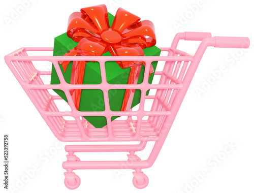3d rendering Christmas gift box in the shopping cart.  
