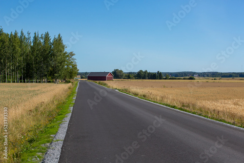 Empty asphalt road in the country side on a sunny summer day. New asphalt highway going through farming countryside.