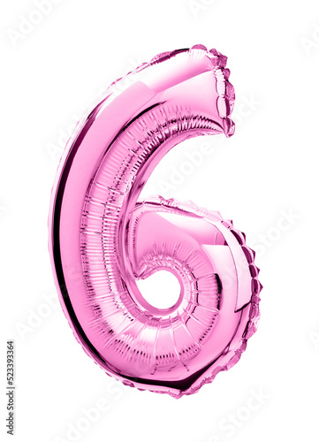 Number six in pink Mylar balloon isolated on transparent