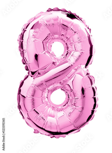 Number eight in pink Mylar balloon isolated on transparent
